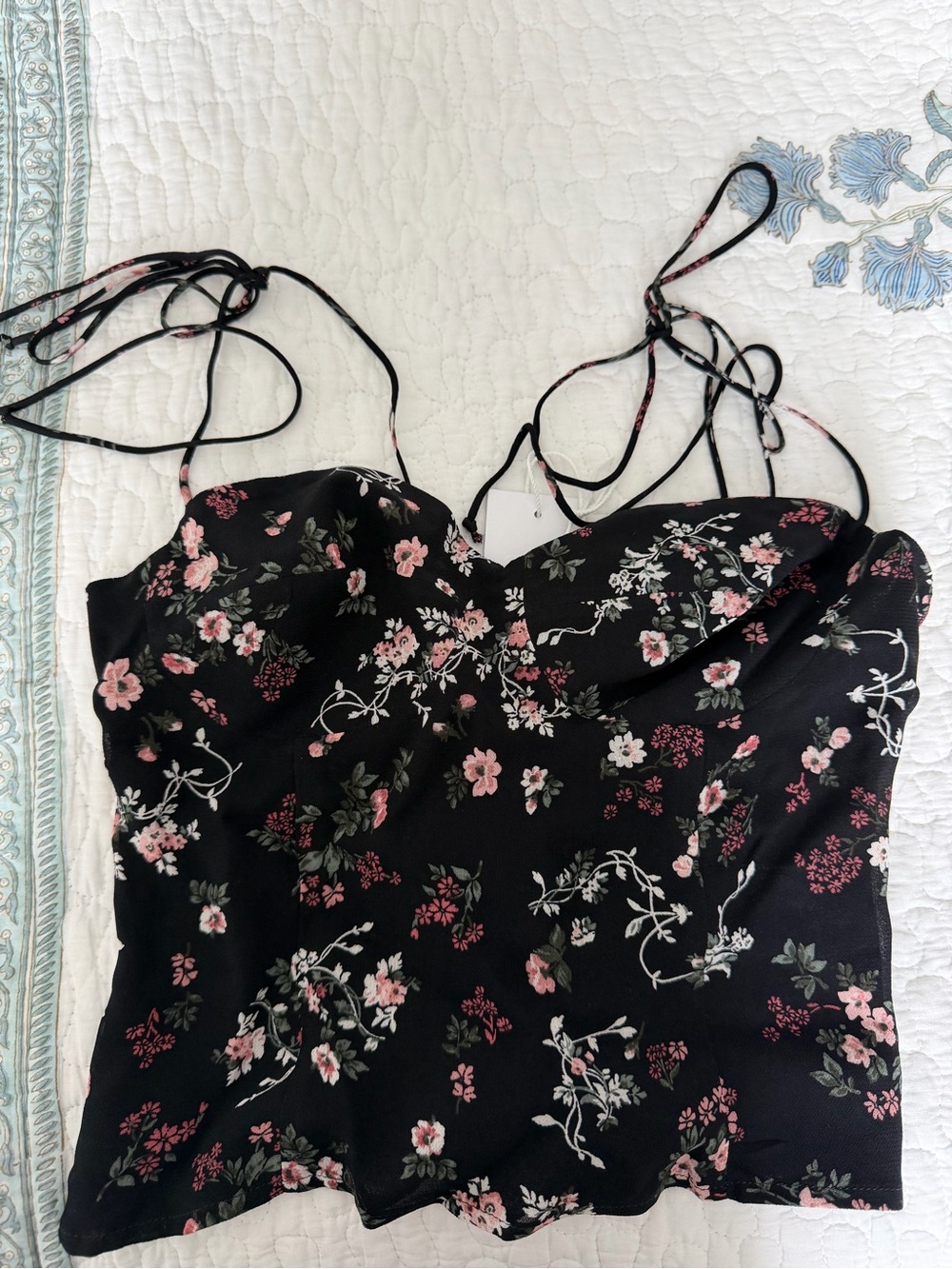 Reformation Black Floral Cami with Pink and Green Blossoms